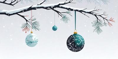 The primary subject of the image is a group of Christmas ornaments hanging from a tree. The ornaments are colorful and include a variety of shapes and sizes. The setting is a snowy environment, with the ornaments hanging from the tree in front of a snowy background. The visual style of the image is a combination of digital art and illustration, creating a festive and holiday atmosphere. The colors and mood of the image are predominantly white and blue, with the snowy background adding a touch of cold